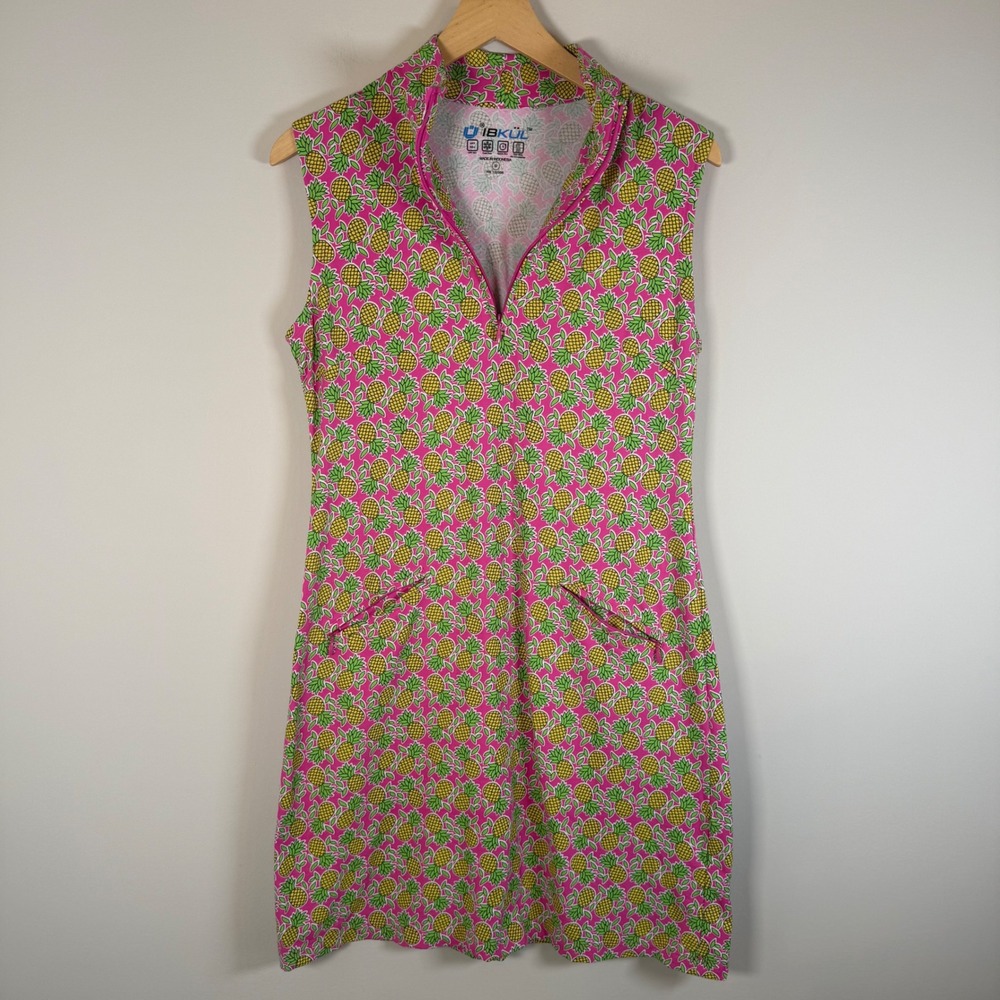 IBKUL Pineapple Print Sleeveless Golf Dress Small Pink UPF 50+ Mock Neck Pockets